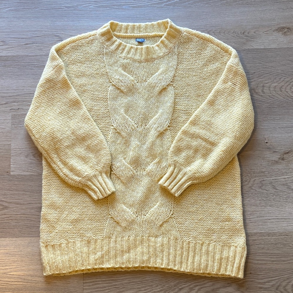 Aerie Oversized Cable Knit Sweater Yellow Chunky Cozy Soft Crewneck Pullover S